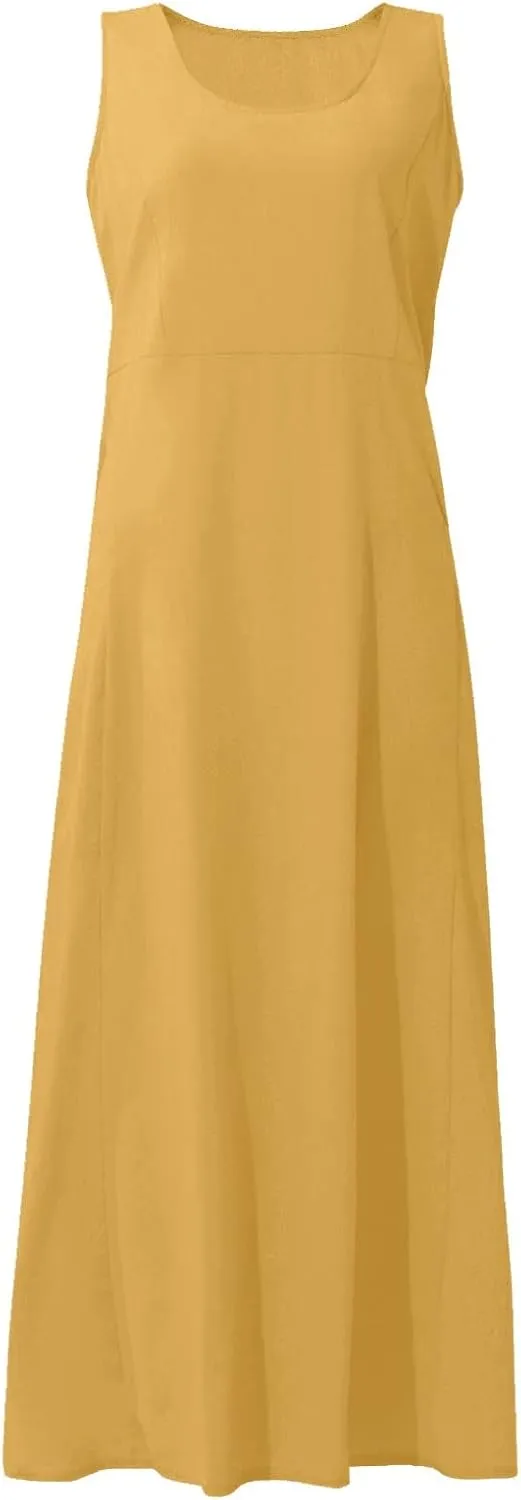 Linen Summer Dresses for Women 2025 Plus Size Maxi Flowy Sleeveless Sun Dress Beach Boho Casual Sundresses with Pockets