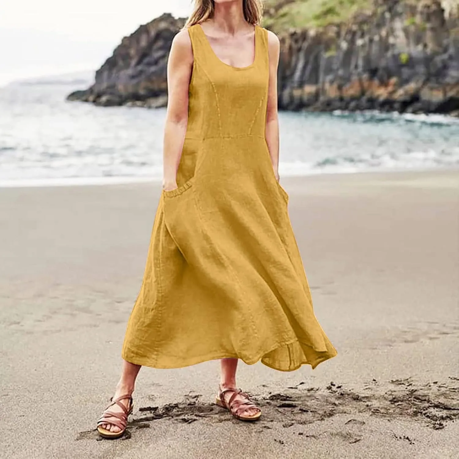 Linen Summer Dresses for Women 2025 Plus Size Maxi Flowy Sleeveless Sun Dress Beach Boho Casual Sundresses with Pockets