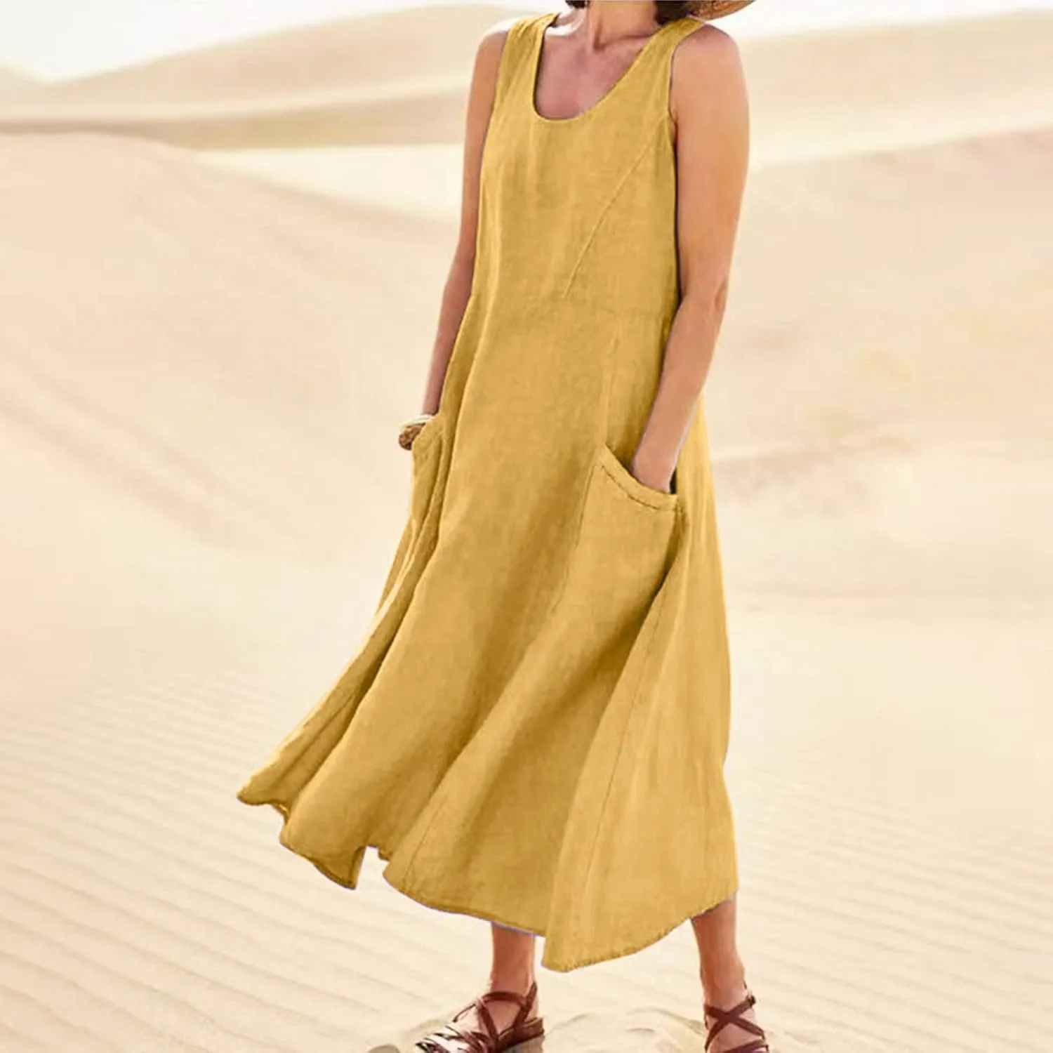 Linen Summer Dresses for Women 2025 Plus Size Maxi Flowy Sleeveless Sun Dress Beach Boho Casual Sundresses with Pockets