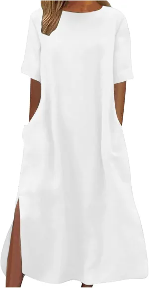 Linen Sundress for Women 2025 Short Sleeve Casual Dress Summer Trendy Loose Crew Neck Beach Vacation Dresses