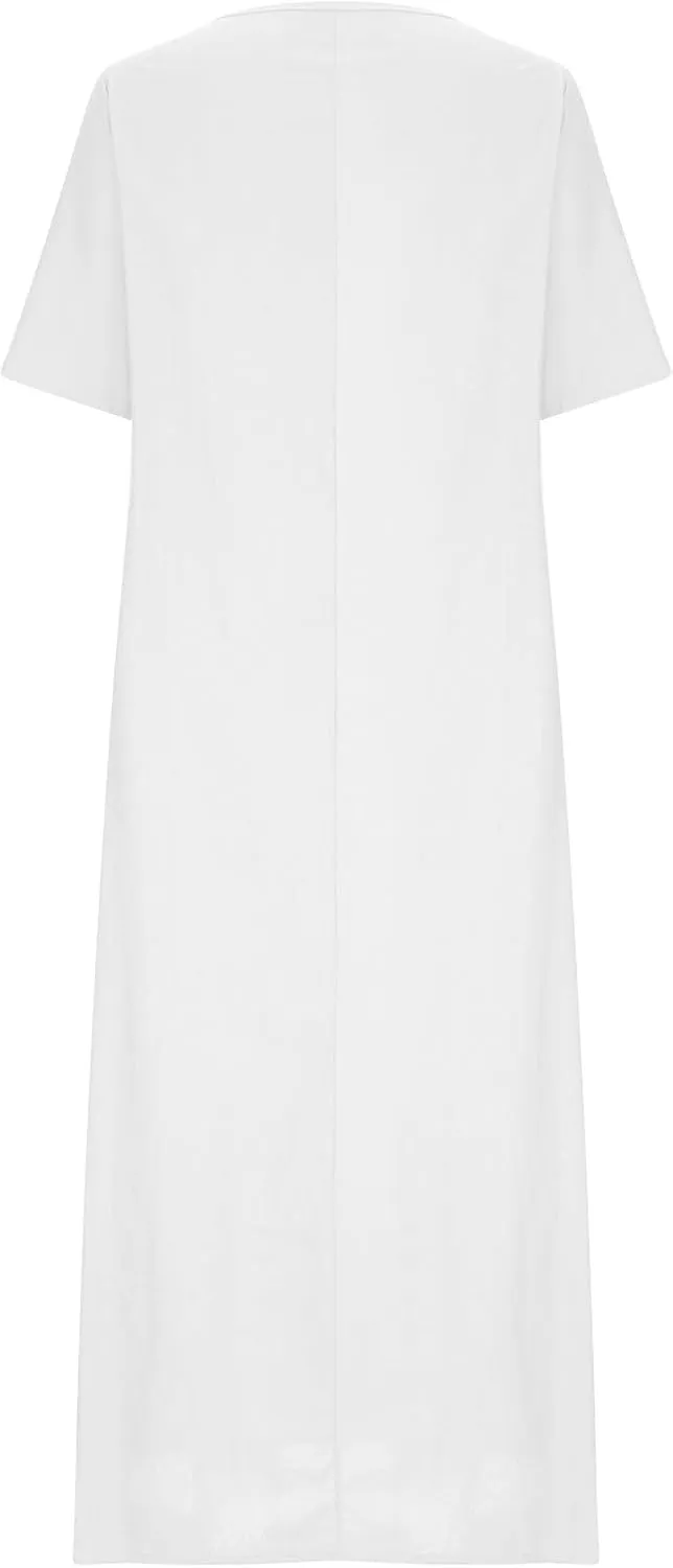 Linen Sundress for Women 2025 Short Sleeve Casual Dress Summer Trendy Loose Crew Neck Beach Vacation Dresses