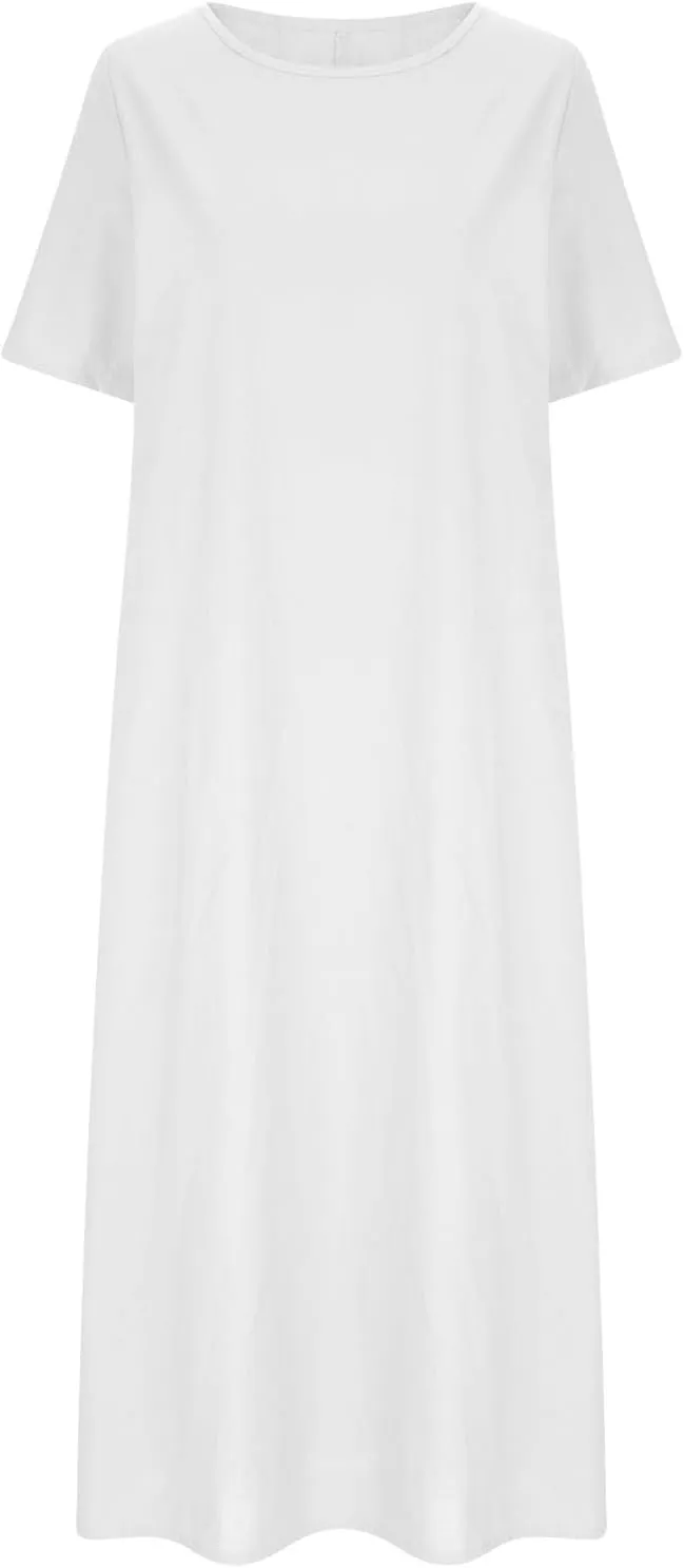 Linen Sundress for Women 2025 Short Sleeve Casual Dress Summer Trendy Loose Crew Neck Beach Vacation Dresses