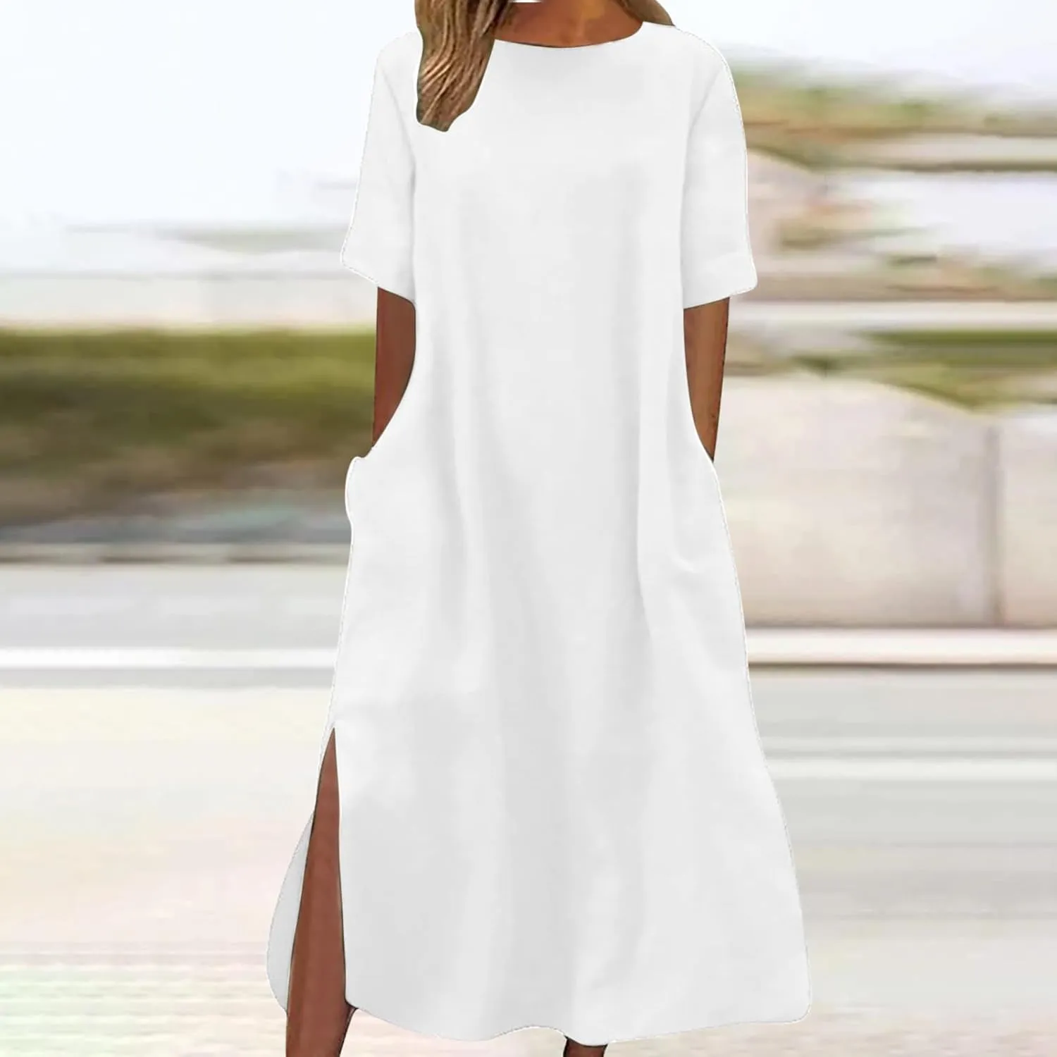 Linen Sundress for Women 2025 Short Sleeve Casual Dress Summer Trendy Loose Crew Neck Beach Vacation Dresses