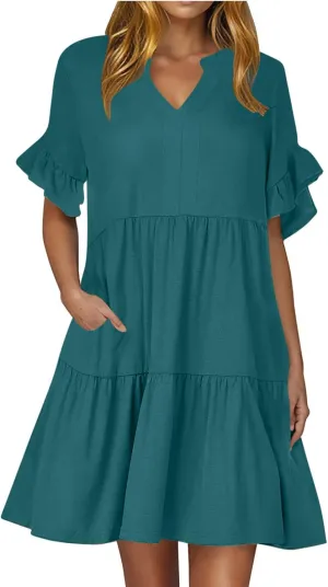 Lmdudan Womens Mini Beach Dress with Pockets 2025 Summer Trendy Dresses Ruffle Short Sleeve V Neck A Line Tiered Flowy Dress
