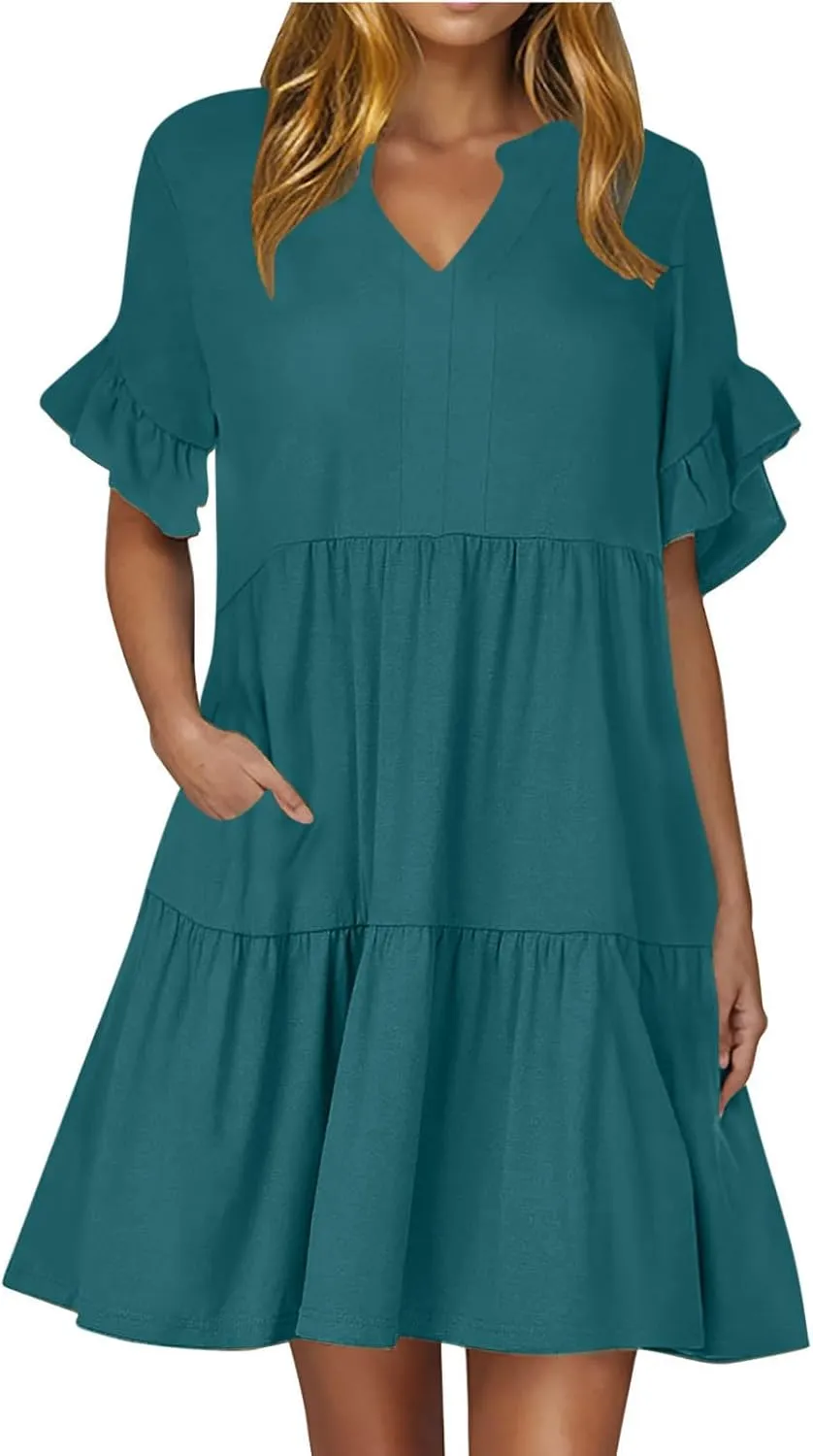 Lmdudan Womens Mini Beach Dress with Pockets 2025 Summer Trendy Dresses Ruffle Short Sleeve V Neck A Line Tiered Flowy Dress