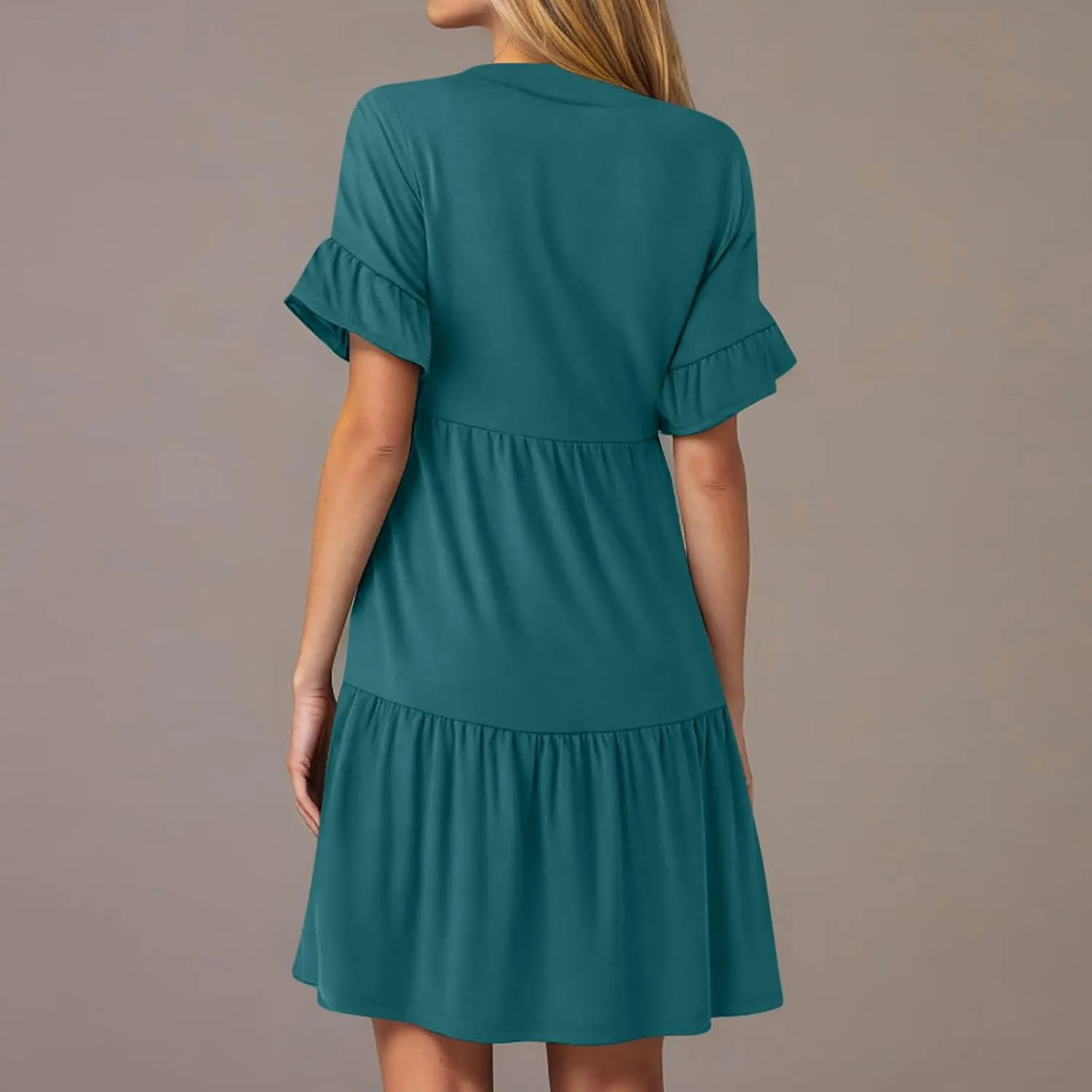 Lmdudan Womens Mini Beach Dress with Pockets 2025 Summer Trendy Dresses Ruffle Short Sleeve V Neck A Line Tiered Flowy Dress