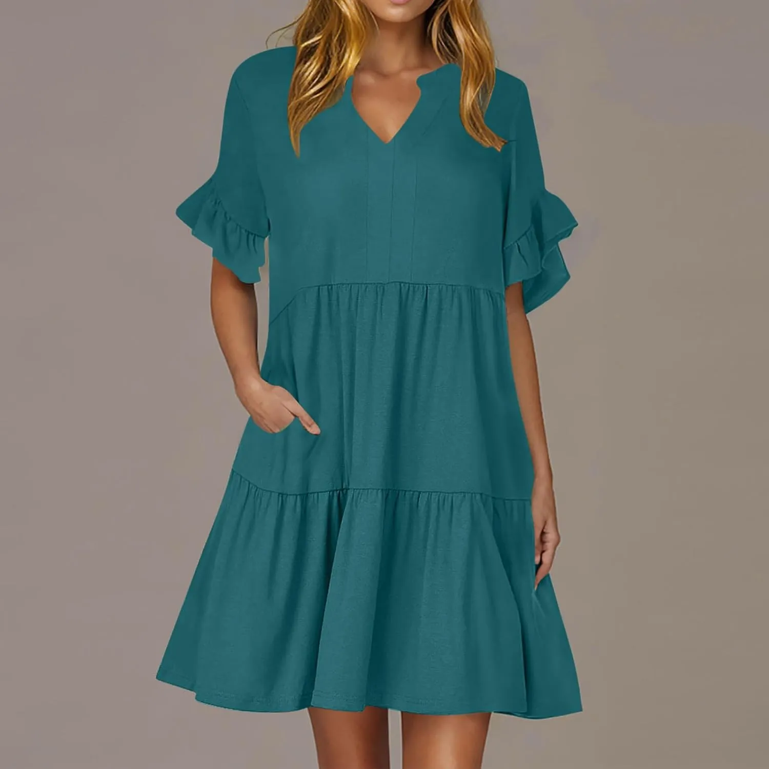 Lmdudan Womens Mini Beach Dress with Pockets 2025 Summer Trendy Dresses Ruffle Short Sleeve V Neck A Line Tiered Flowy Dress