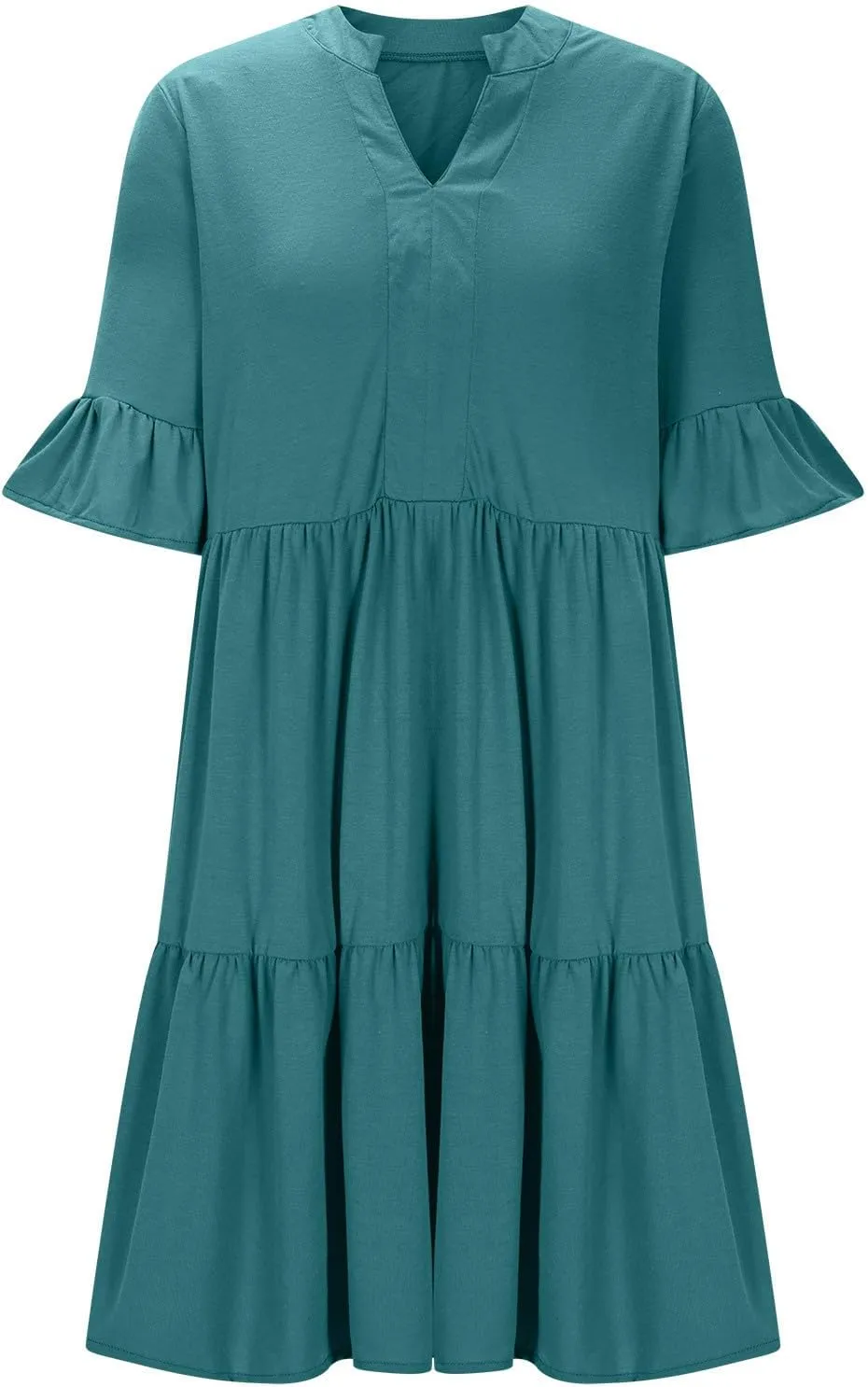 Lmdudan Womens Mini Beach Dress with Pockets 2025 Summer Trendy Dresses Ruffle Short Sleeve V Neck A Line Tiered Flowy Dress