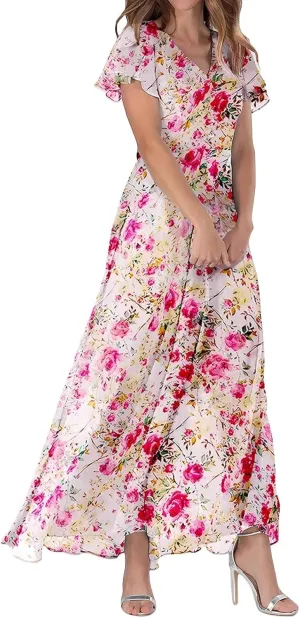 Long Floral Chiffon Dresses for Women Ruffle Cap Sleeve V Neck Flowy Pleated Sundress Summer Casual Dress 2025