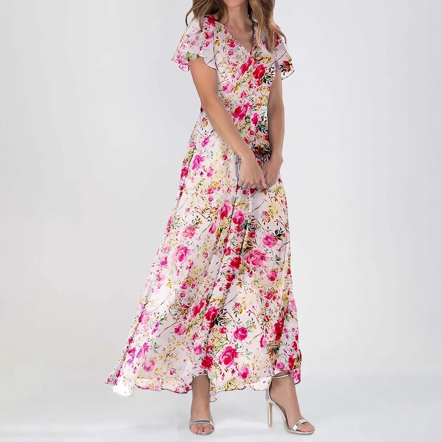 Long Floral Chiffon Dresses for Women Ruffle Cap Sleeve V Neck Flowy Pleated Sundress Summer Casual Dress 2025
