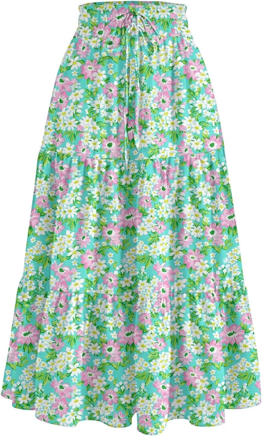 Long Floral Skirts for Women Trendy Going Out Casual Peasant Floral Travel Flowy Country Elastic Waist Beach Flutter Skirts