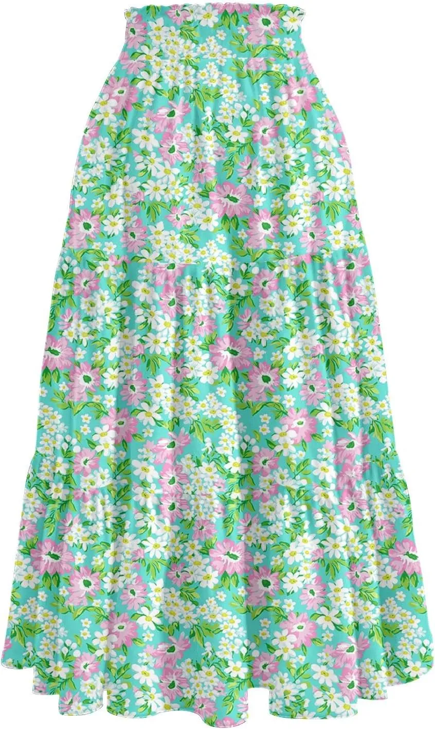 Long Floral Skirts for Women Trendy Going Out Casual Peasant Floral Travel Flowy Country Elastic Waist Beach Flutter Skirts