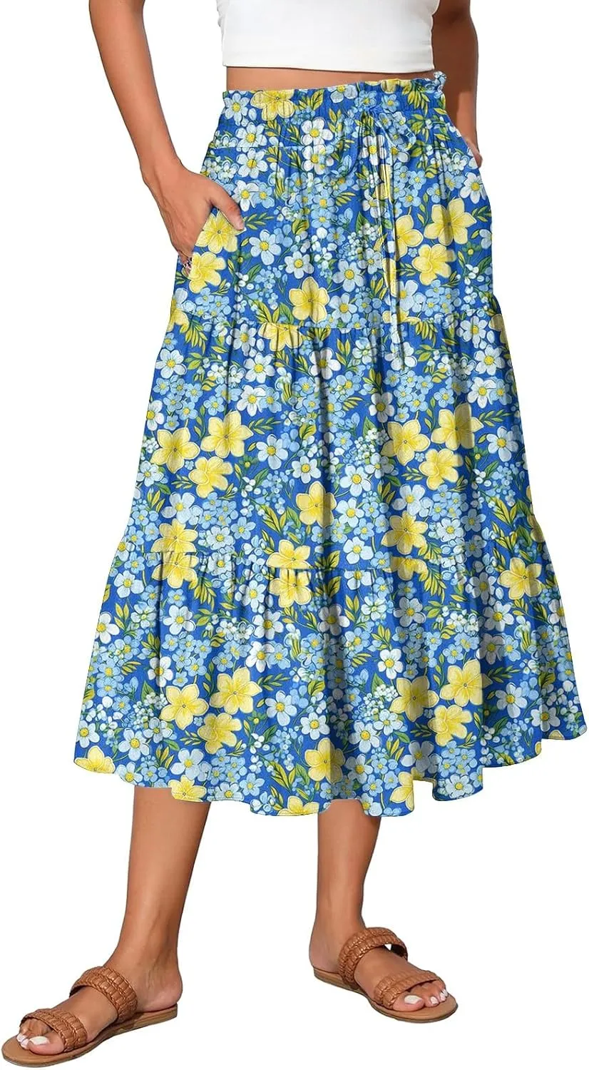 Long Floral Skirts for Women Trendy Going Out Casual Peasant Floral Travel Flowy Country Elastic Waist Beach Flutter Skirts