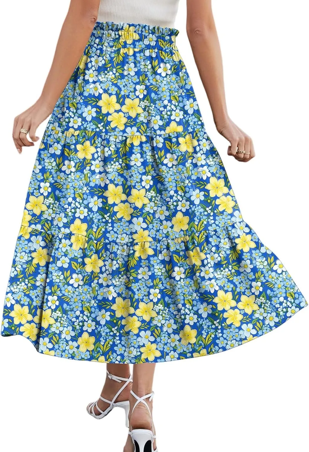 Long Floral Skirts for Women Trendy Going Out Casual Peasant Floral Travel Flowy Country Elastic Waist Beach Flutter Skirts