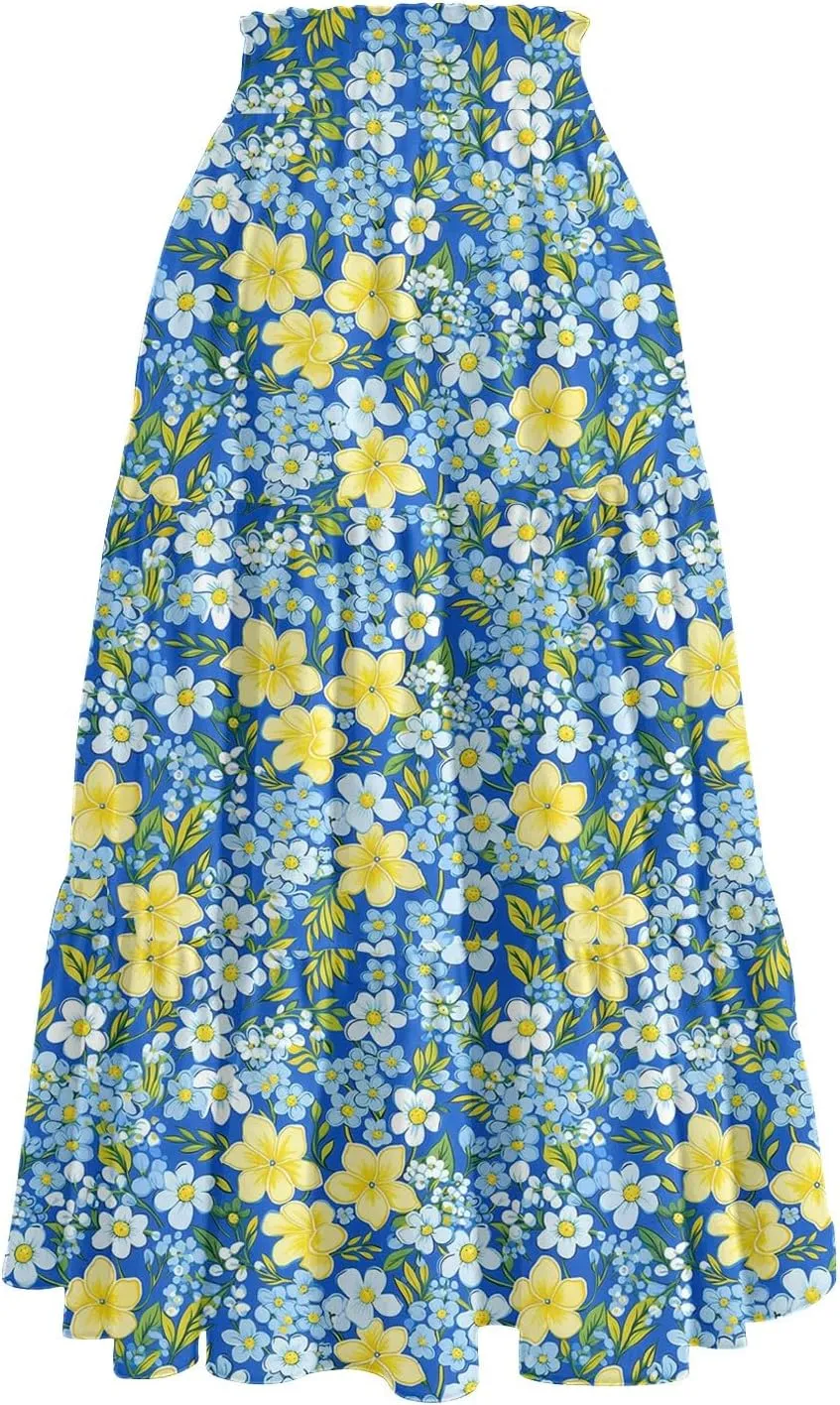 Long Floral Skirts for Women Trendy Going Out Casual Peasant Floral Travel Flowy Country Elastic Waist Beach Flutter Skirts
