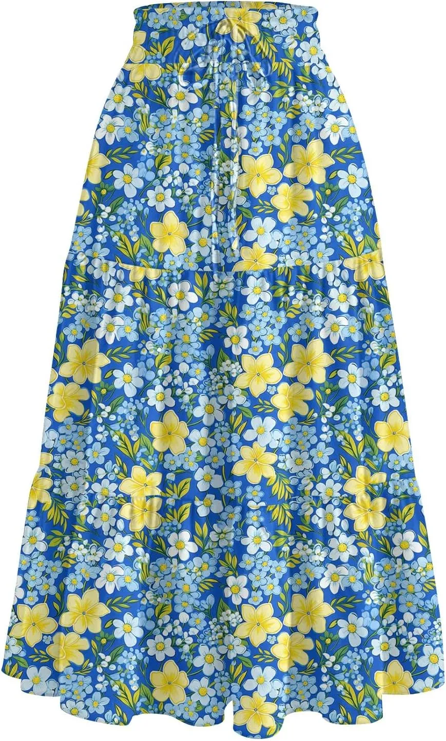 Long Floral Skirts for Women Trendy Going Out Casual Peasant Floral Travel Flowy Country Elastic Waist Beach Flutter Skirts