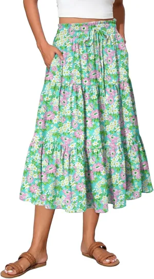 Long Floral Skirts for Women Trendy Going Out Casual Peasant Floral Travel Flowy Country Elastic Waist Beach Flutter Skirts