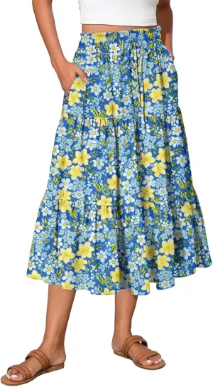Long Floral Skirts for Women Trendy Going Out Casual Peasant Floral Travel Flowy Country Elastic Waist Beach Flutter Skirts