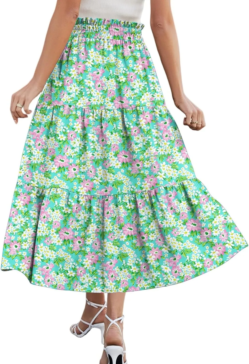 Long Floral Skirts for Women Trendy Going Out Casual Peasant Floral Travel Flowy Country Elastic Waist Beach Flutter Skirts
