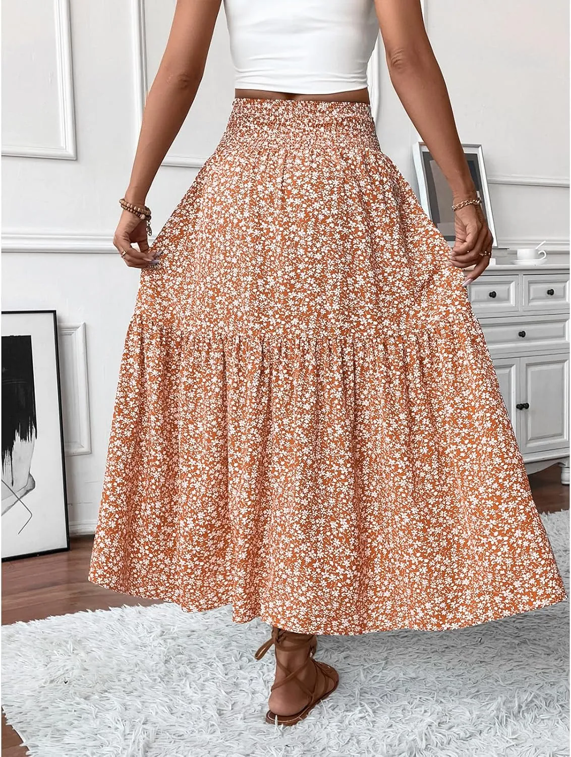 Long Flowy Skirts for Women Boho Chiffon Elastic High Waist Pleated A-Line Flared Maxi Skirt Summer Beach Skirts