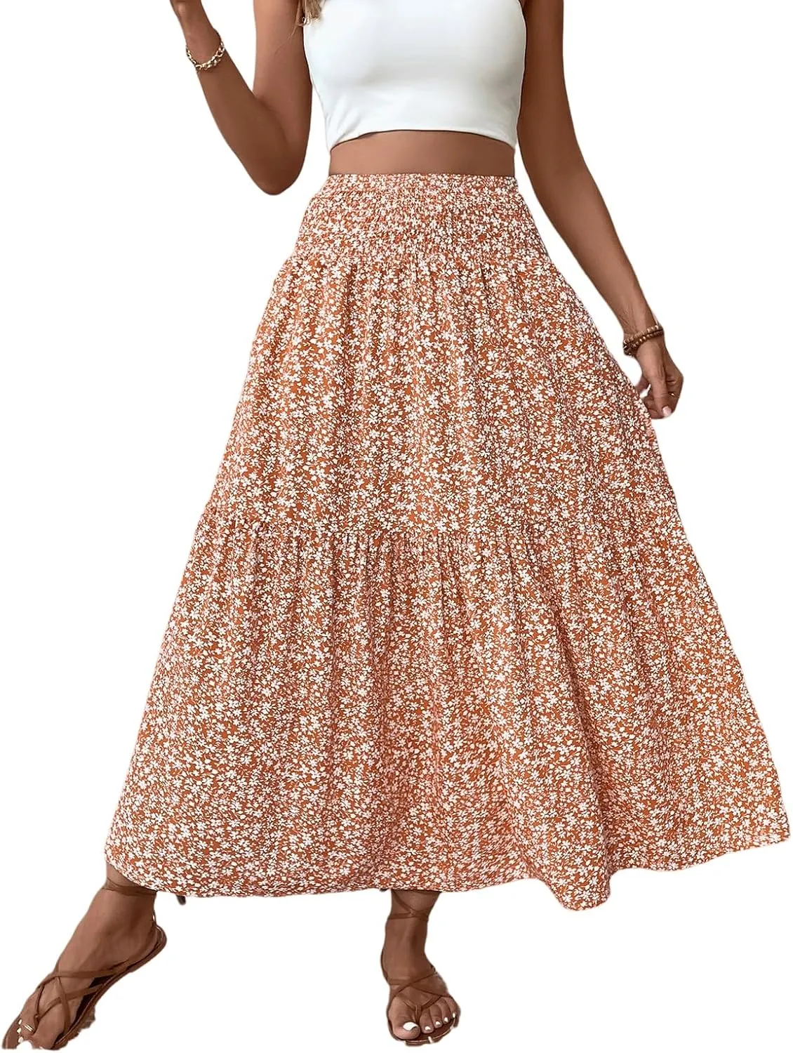 Long Flowy Skirts for Women Boho Chiffon Elastic High Waist Pleated A-Line Flared Maxi Skirt Summer Beach Skirts