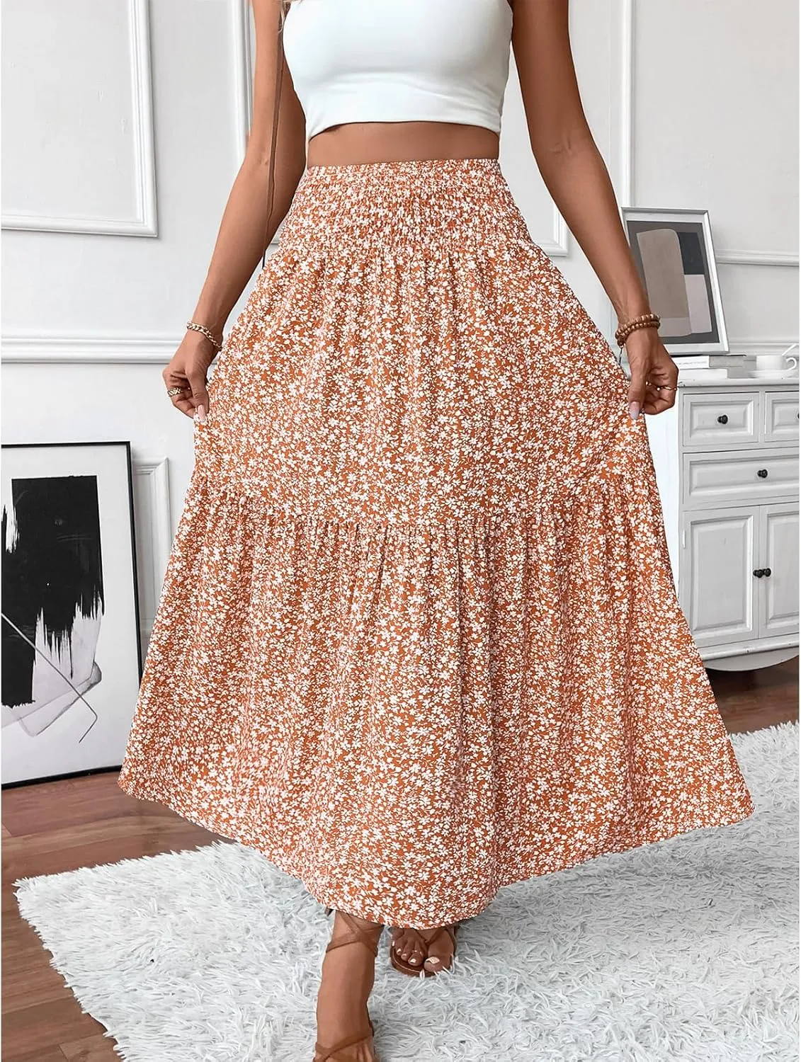 Long Flowy Skirts for Women Boho Chiffon Elastic High Waist Pleated A-Line Flared Maxi Skirt Summer Beach Skirts
