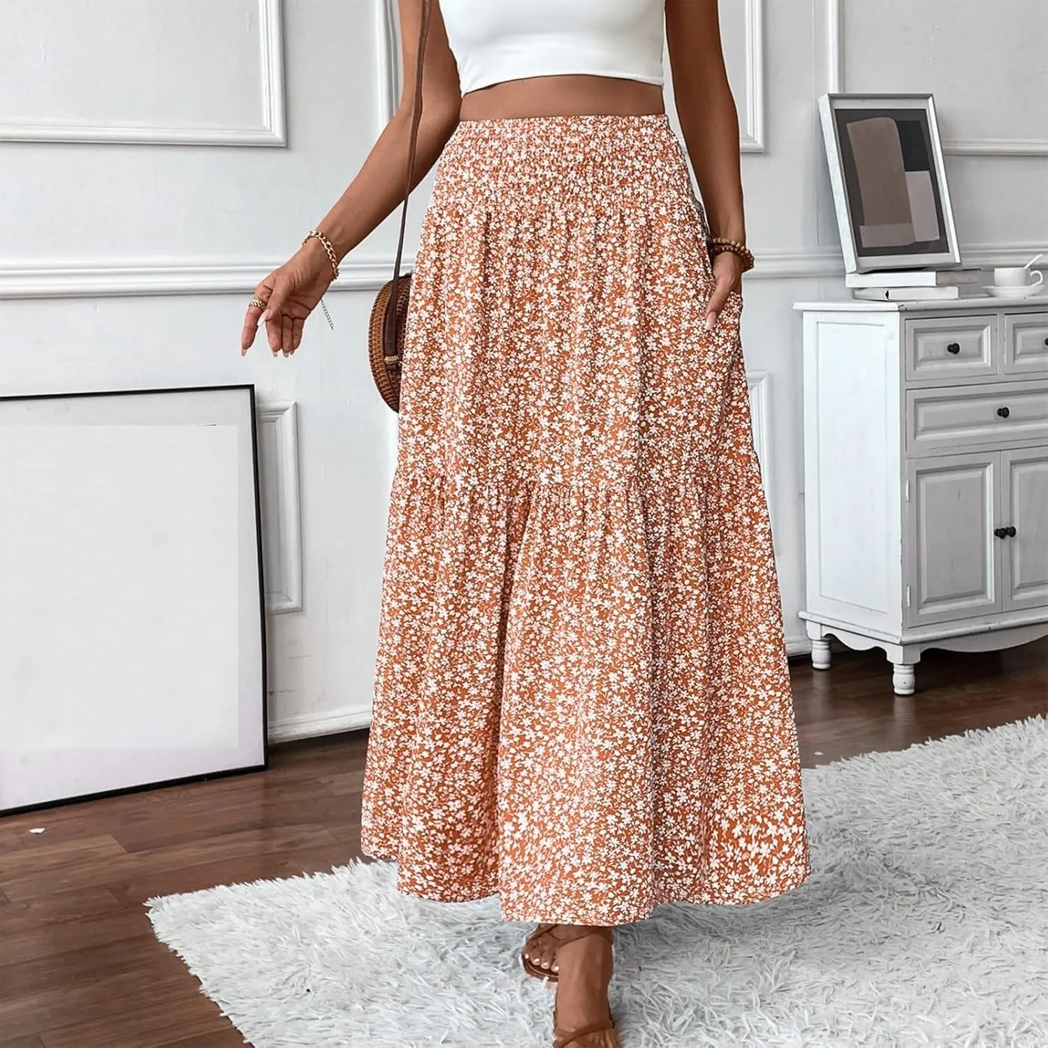 Long Flowy Skirts for Women Smocked High Waisted Floral Maxi Skirt with Pockets Boho Ruffle Tiered Beach A Line Skirt