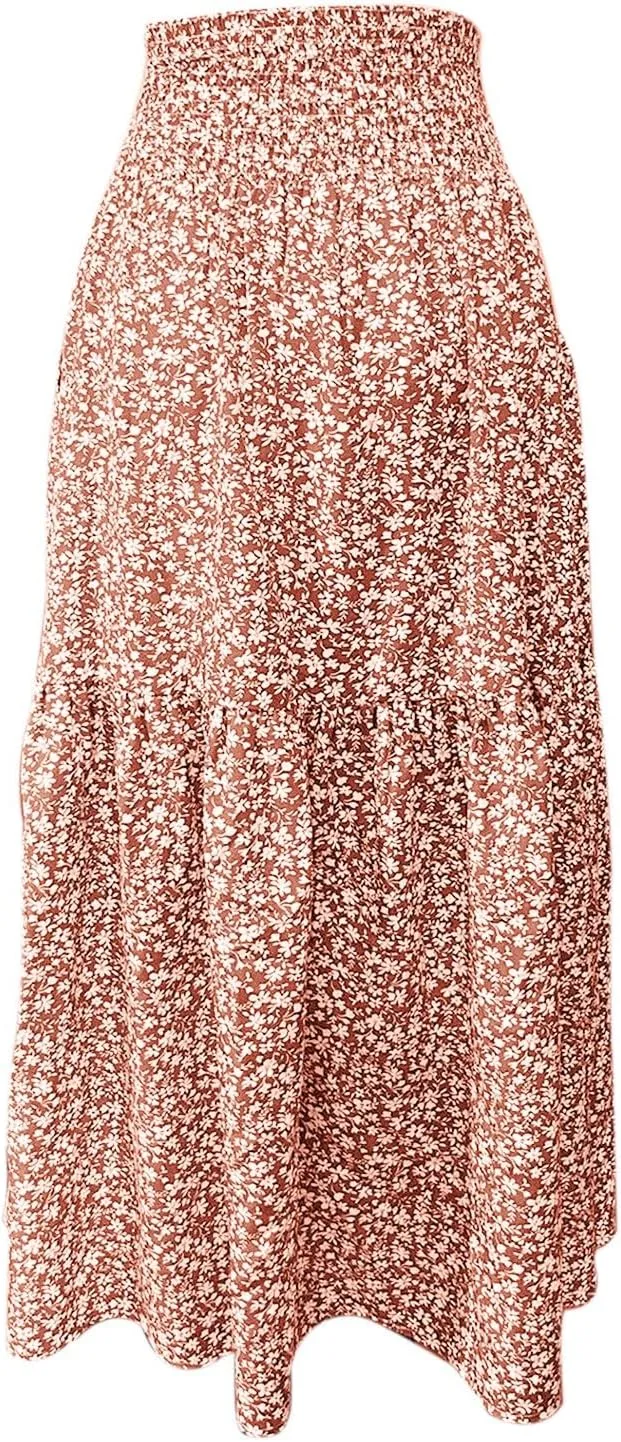 Long Flowy Skirts for Women Smocked High Waisted Floral Maxi Skirt with Pockets Boho Ruffle Tiered Beach A Line Skirt