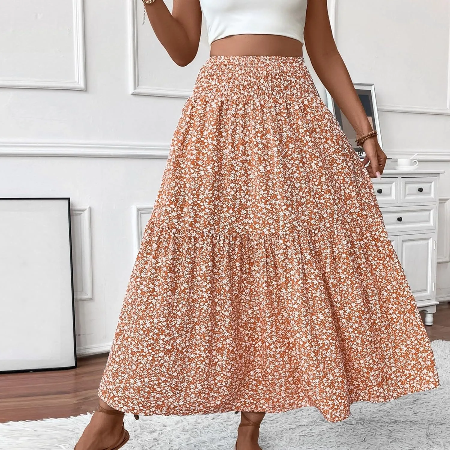 Long Flowy Skirts for Women Smocked High Waisted Floral Maxi Skirt with Pockets Boho Ruffle Tiered Beach A Line Skirt