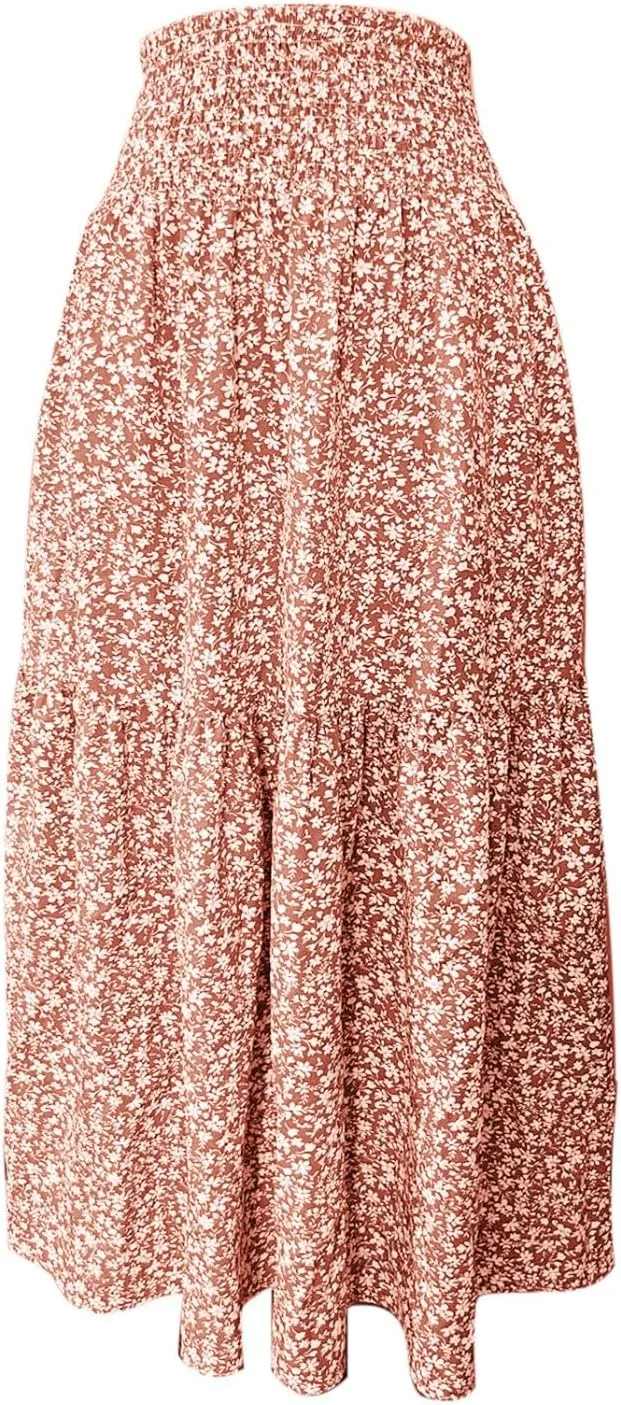 Long Flowy Skirts for Women Smocked High Waisted Floral Maxi Skirt with Pockets Boho Ruffle Tiered Beach A Line Skirt