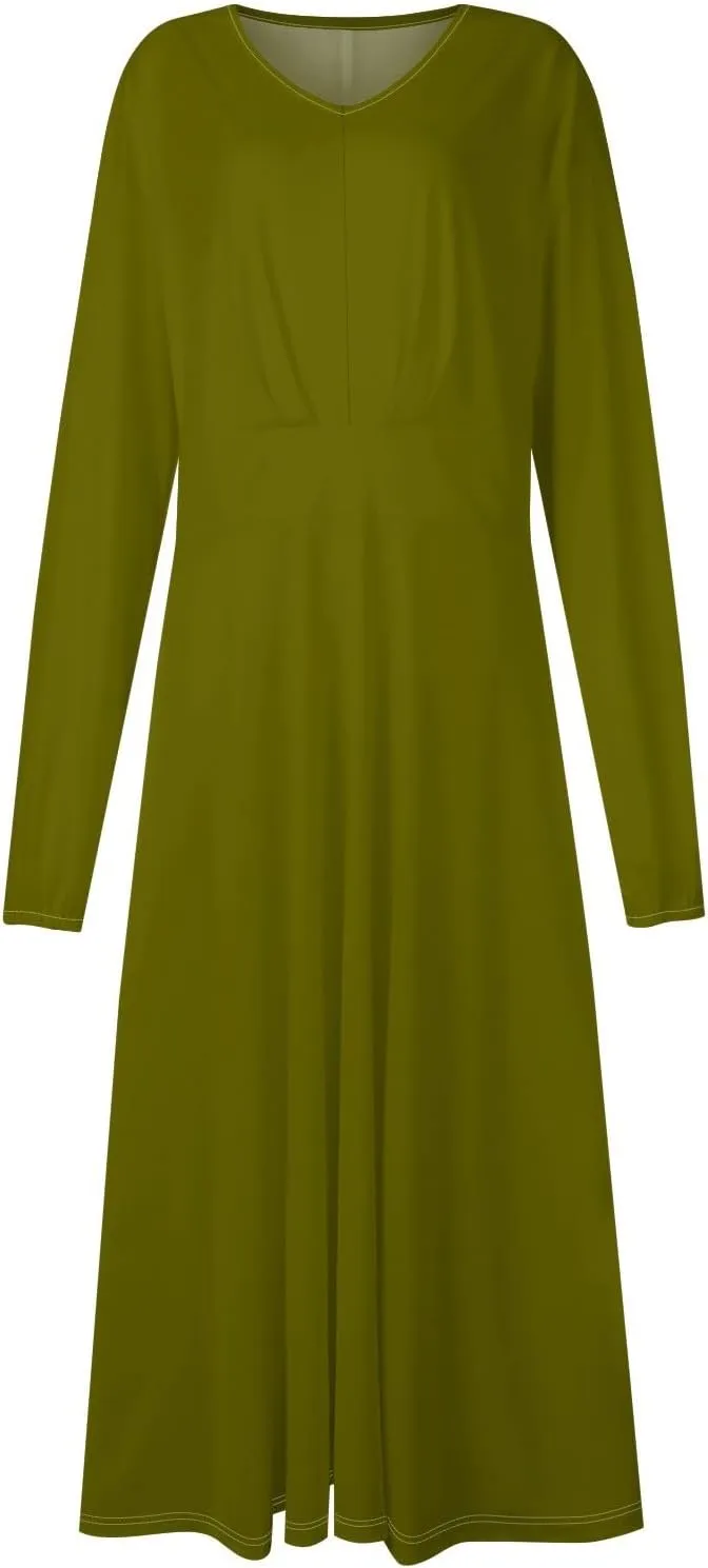 Long Maxi Dresses for Women 2025 Spring Casual V Neck Loose Flowy Long Sleeve A Line Sundress Holiday Resort Wear