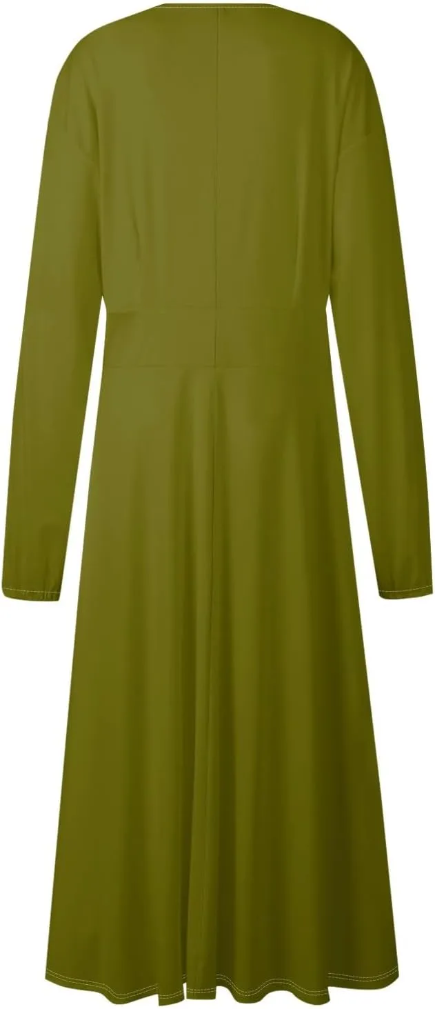 Long Maxi Dresses for Women 2025 Spring Casual V Neck Loose Flowy Long Sleeve A Line Sundress Holiday Resort Wear