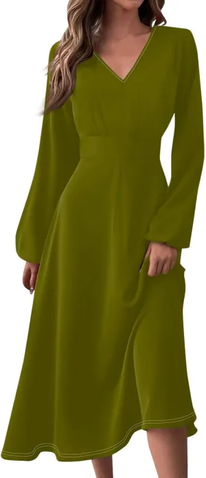 Long Maxi Dresses for Women 2025 Spring Casual V Neck Loose Flowy Long Sleeve A Line Sundress Holiday Resort Wear