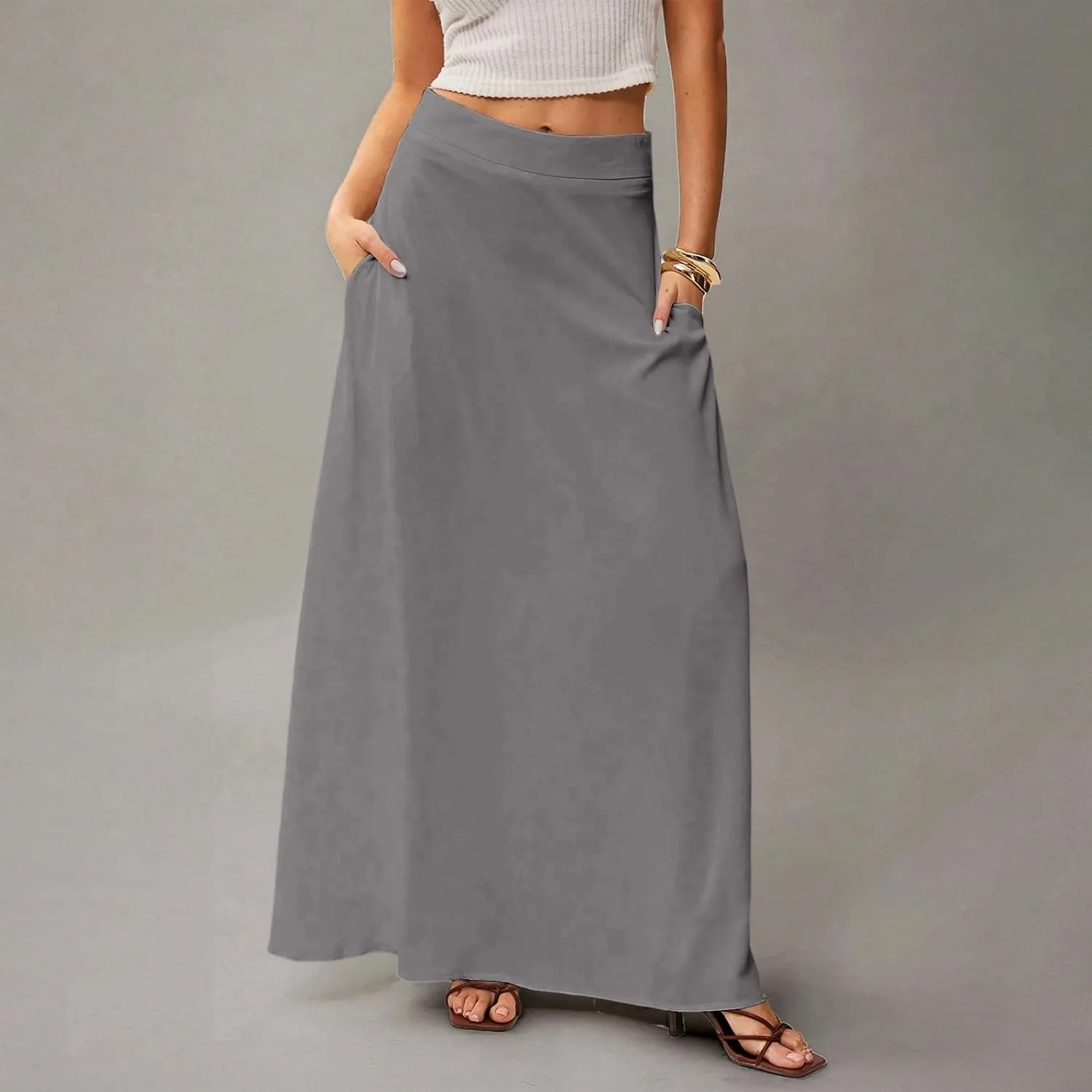 Long Maxi Skirts for Women Solid Color Pleated Flowy Swing A Line Skirt Beach Vacation Skorts with Pockets
