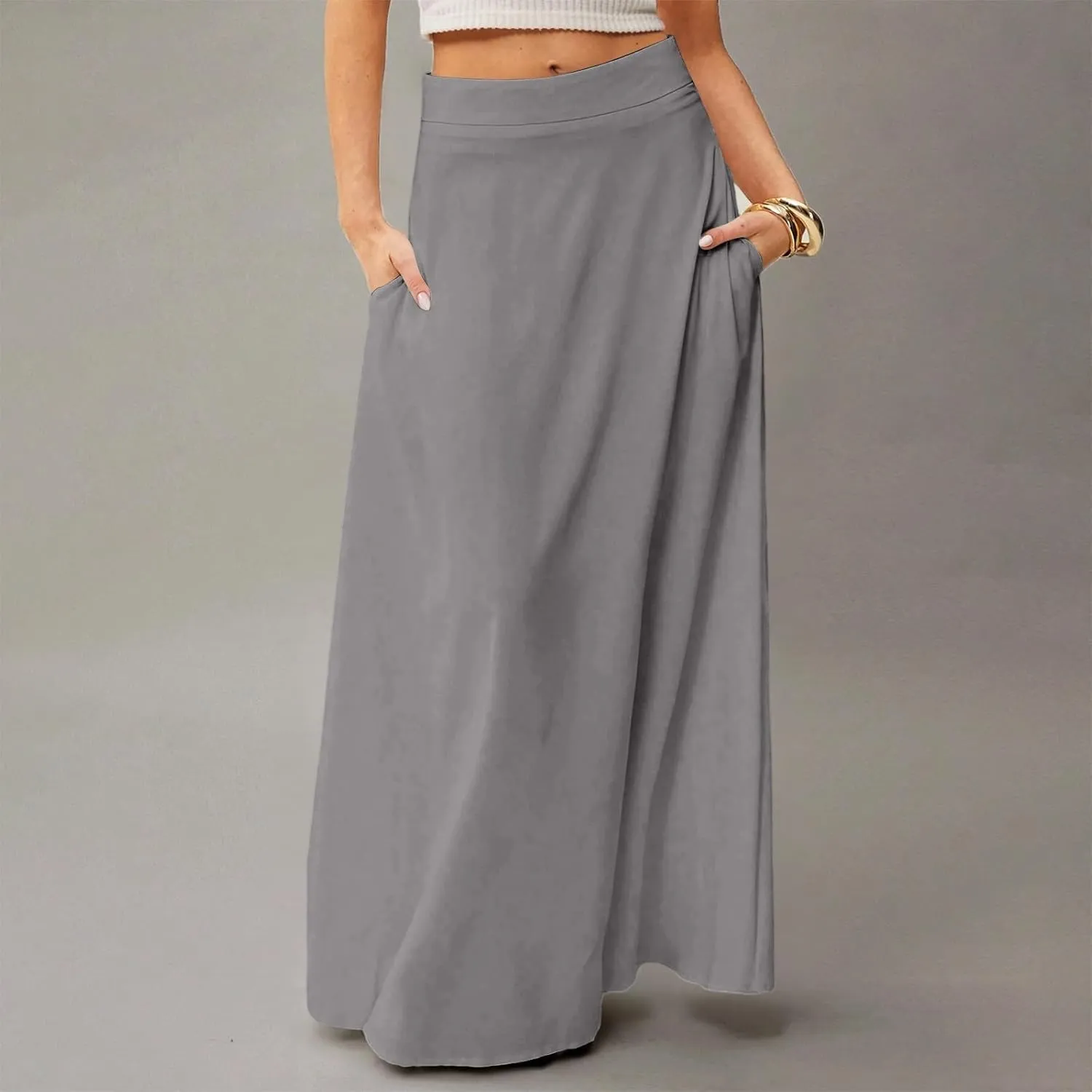 Long Maxi Skirts for Women Solid Color Pleated Flowy Swing A Line Skirt Beach Vacation Skorts with Pockets