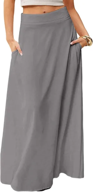 Long Maxi Skirts for Women Solid Color Pleated Flowy Swing A Line Skirt Beach Vacation Skorts with Pockets