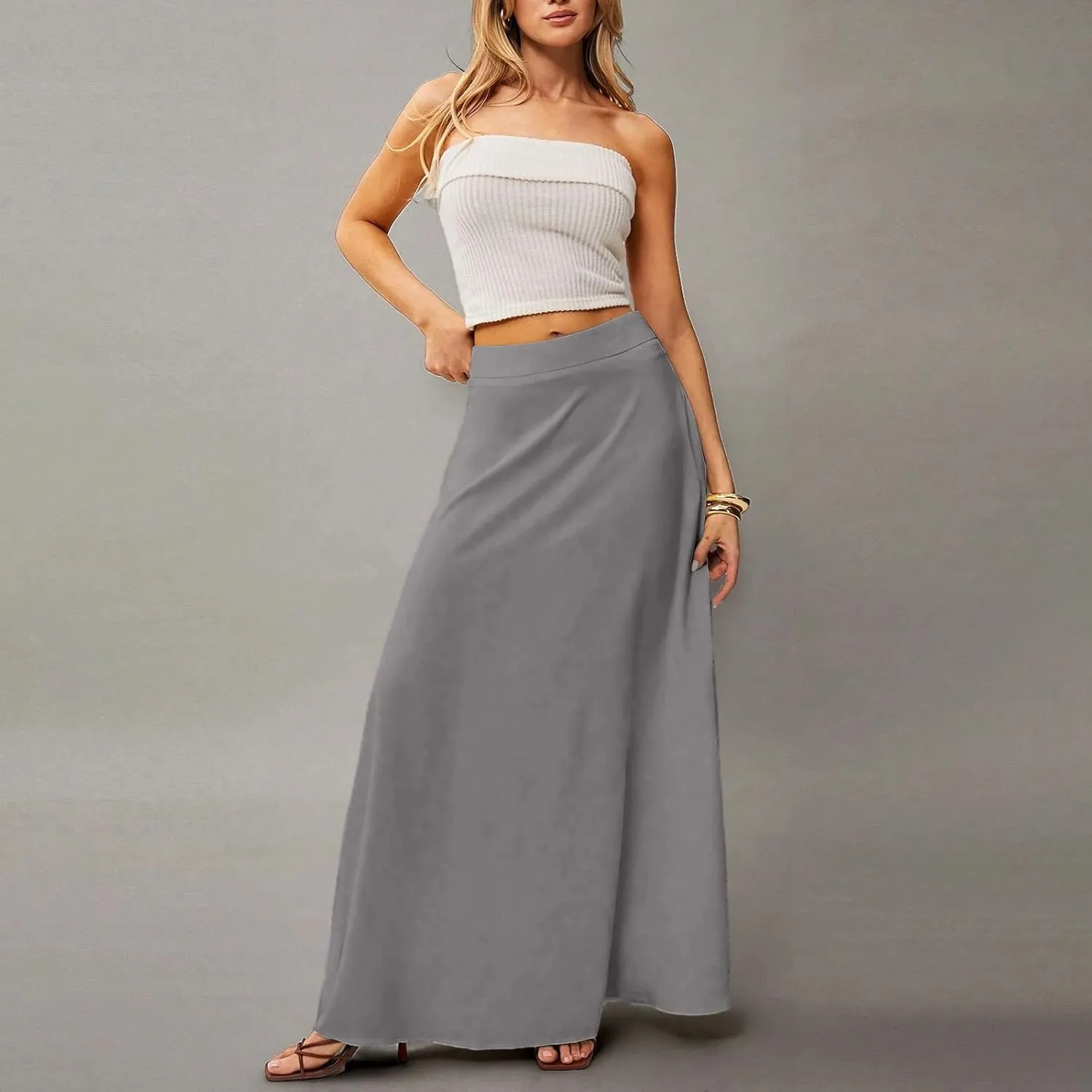 Long Maxi Skirts for Women Solid Color Pleated Flowy Swing A Line Skirt Beach Vacation Skorts with Pockets