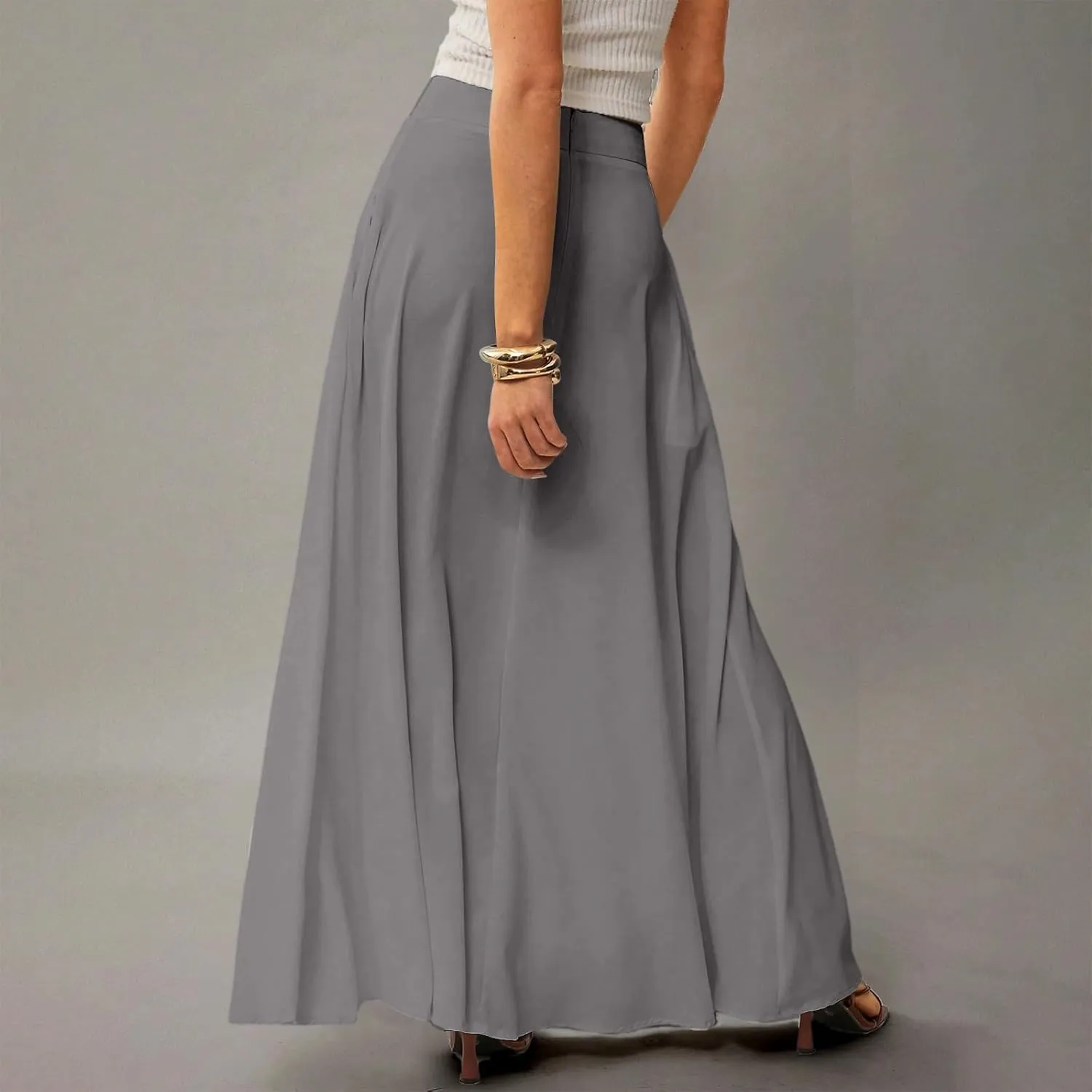 Long Maxi Skirts for Women Solid Color Pleated Flowy Swing A Line Skirt Beach Vacation Skorts with Pockets