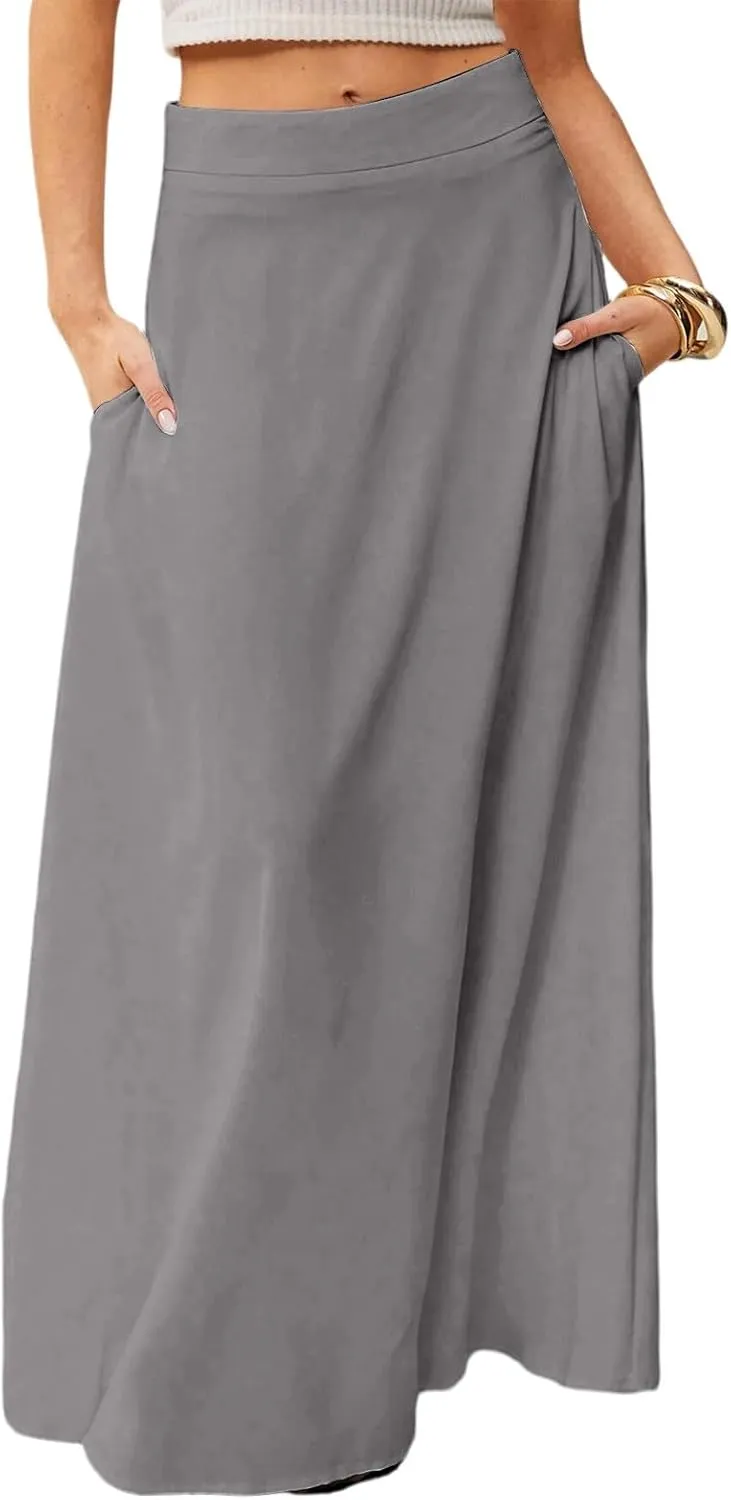 Long Maxi Skirts for Women Solid Color Pleated Flowy Swing A Line Skirt Beach Vacation Skorts with Pockets