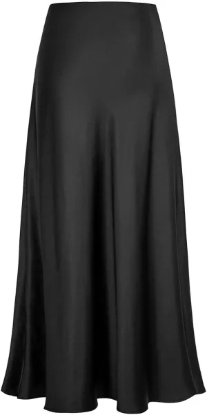 Long Satin Skirts for Women Silk Skirts Silky Elastic High Waist Flared Casual A Line Midi Skirt Cocktail Party Maxi Skirts