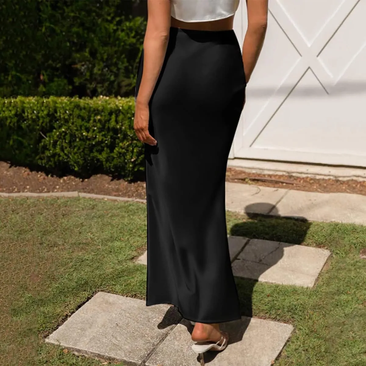 Long Satin Skirts for Women Silk Skirts Silky Elastic High Waist Flared Casual A Line Midi Skirt Cocktail Party Maxi Skirts