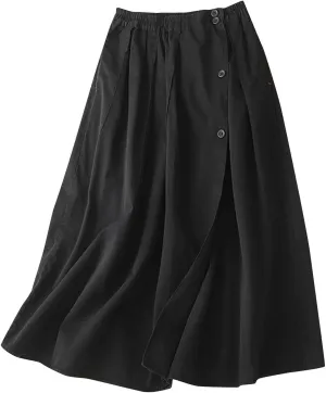 Long Skirts for Women 2024 Elastic Waist Buttons Solid Skirt Summer Causal Ruffle Pleated A-Line Flared Maxi Skirts