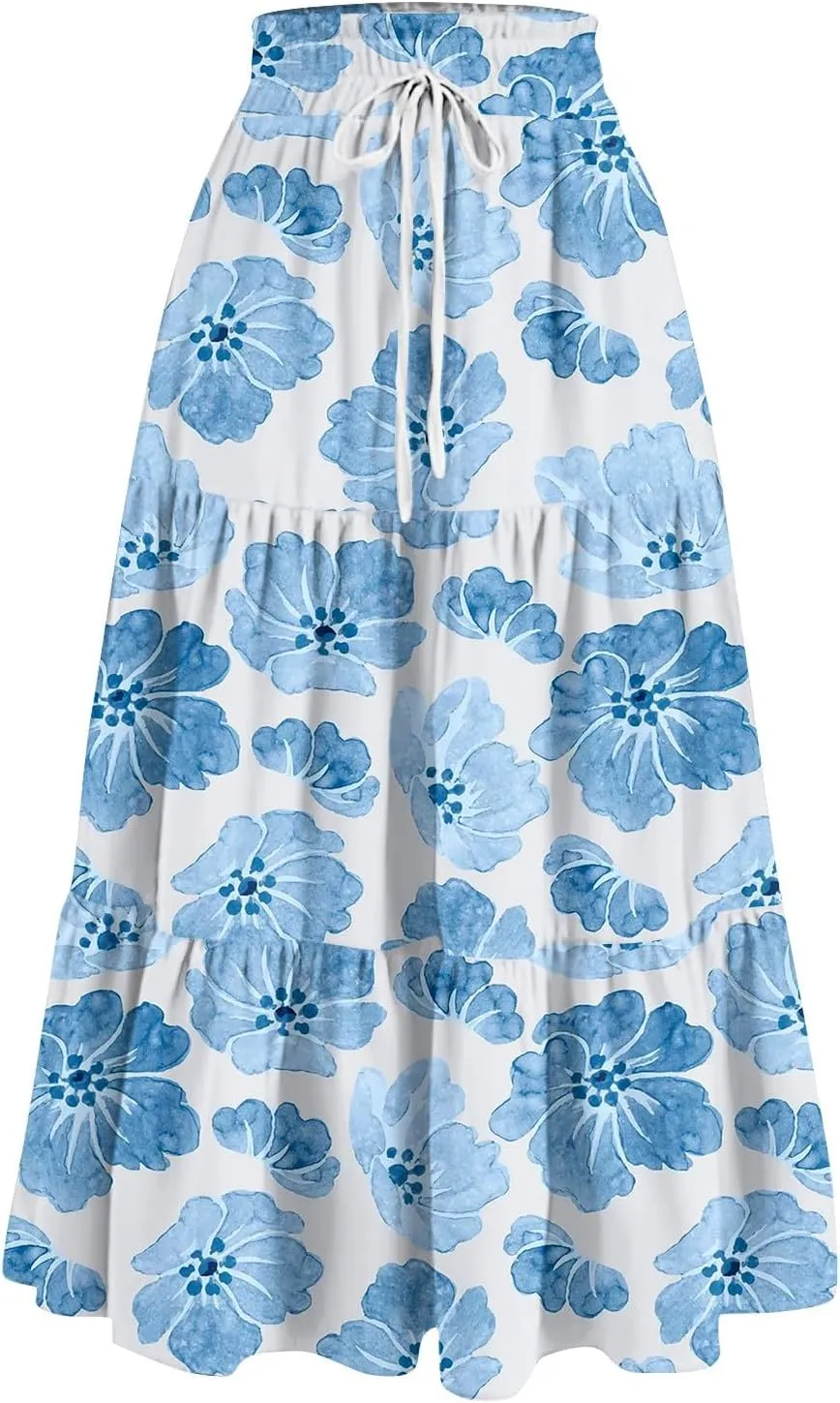 Long Skirts for Women 2025 Summer Floral Print Pleated Dress High Waist A Line Maxi Skirts Beach Flowy Boho Dresses