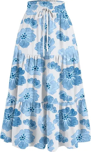 Long Skirts for Women 2025 Summer Floral Print Pleated Dress High Waist A Line Maxi Skirts Beach Flowy Boho Dresses
