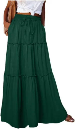 Long Skirts for Women Boho Summer High Waisted Casual A Line Skirt Trendy Pleated Beach Flowy Maxi Skirt with Pockets