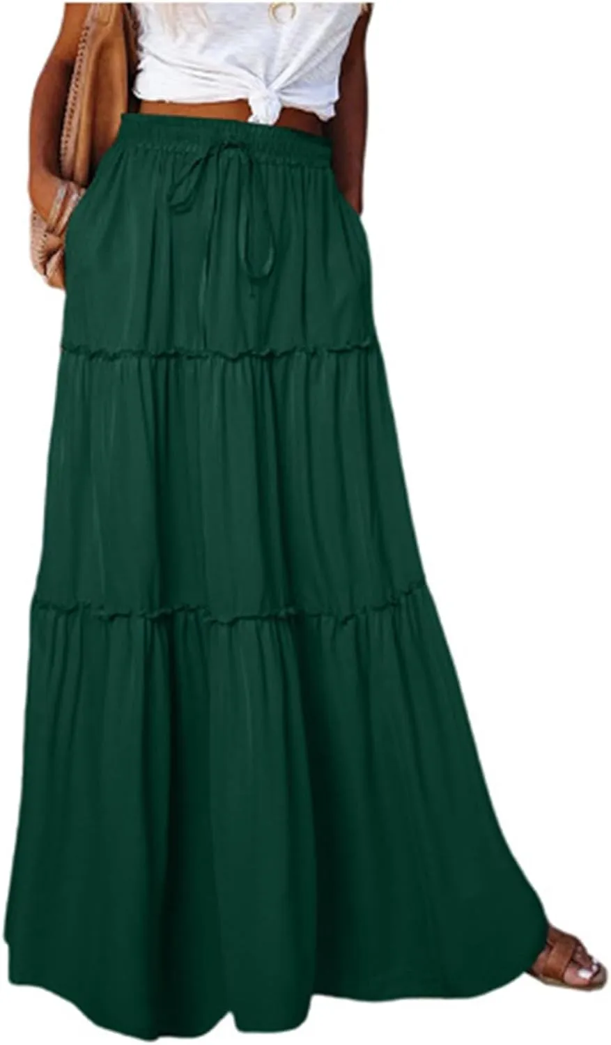 Long Skirts for Women Boho Summer High Waisted Casual A Line Skirt Trendy Pleated Beach Flowy Maxi Skirt with Pockets