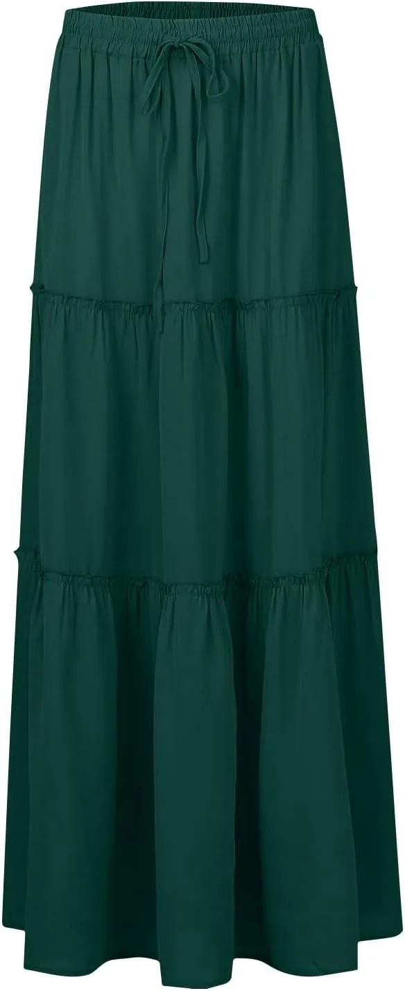 Long Skirts for Women Boho Summer High Waisted Casual A Line Skirt Trendy Pleated Beach Flowy Maxi Skirt with Pockets
