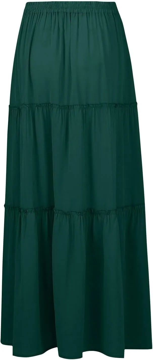 Long Skirts for Women Boho Summer High Waisted Casual A Line Skirt Trendy Pleated Beach Flowy Maxi Skirt with Pockets