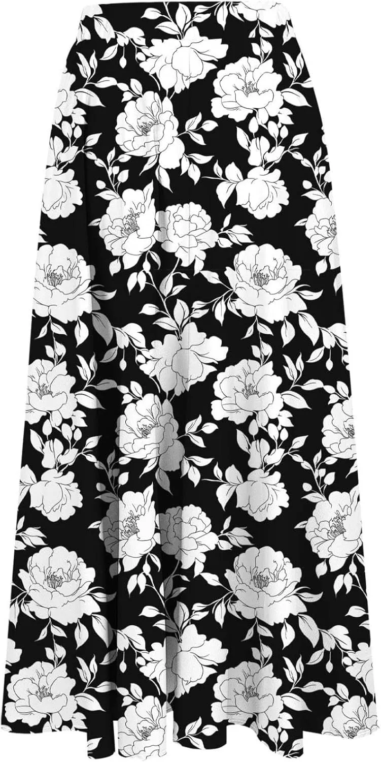 Long Skirts for Women High Elastic Waist Boho Flowy Midi Skirt Casual Summer Floral Pleated A Line Boho Cute Skirts
