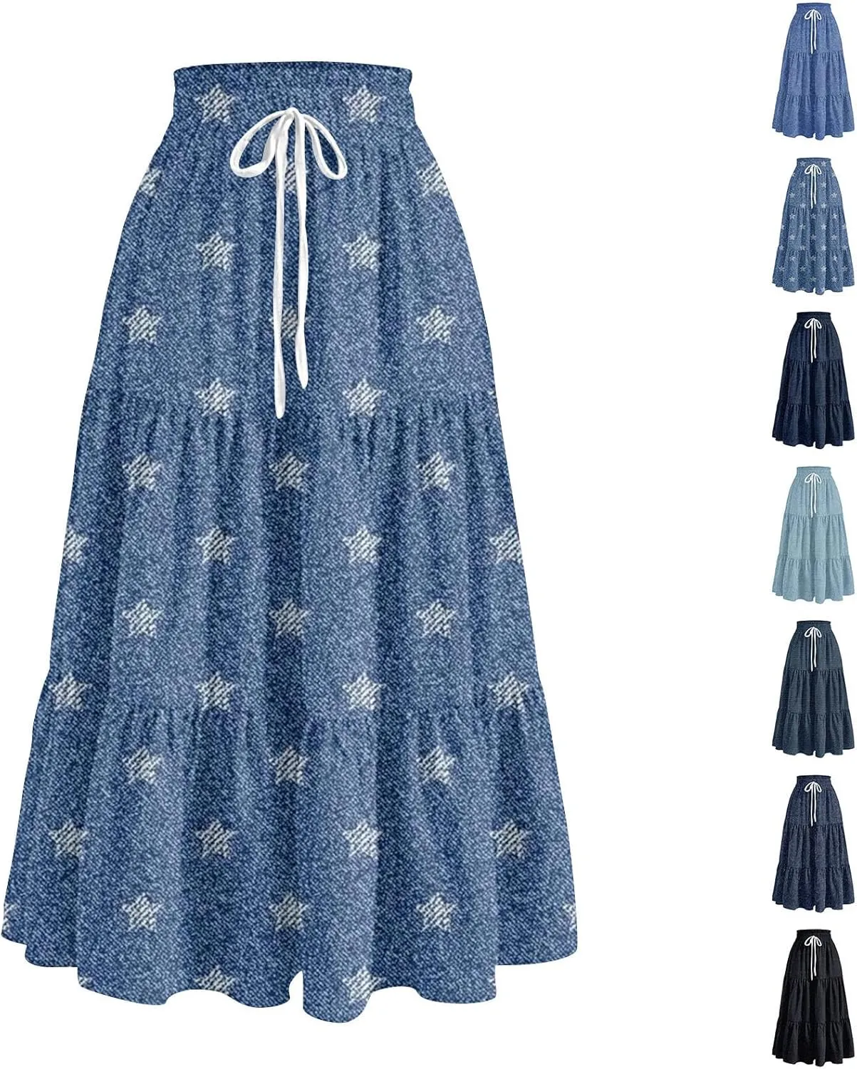 Long Skirts for Women Trendy Drawstring High Waisted Tiered Ruffle Midi Skirts Casual Summer Vacation Beach Skirt